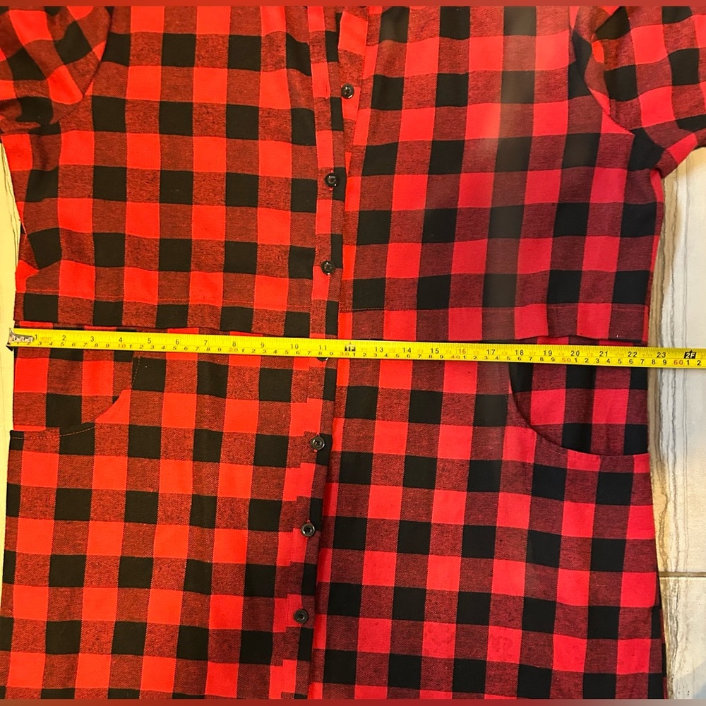 Red and Black Plaid Button-Up Boyfriend Flannel Tunic Length - Picture 14 of 16